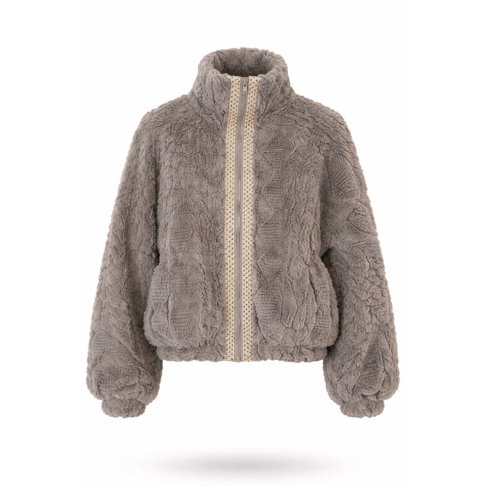 April Kiss Los Angeles Grey Faux Fur Teddy Jacket Zip Up Geometric Trim Small